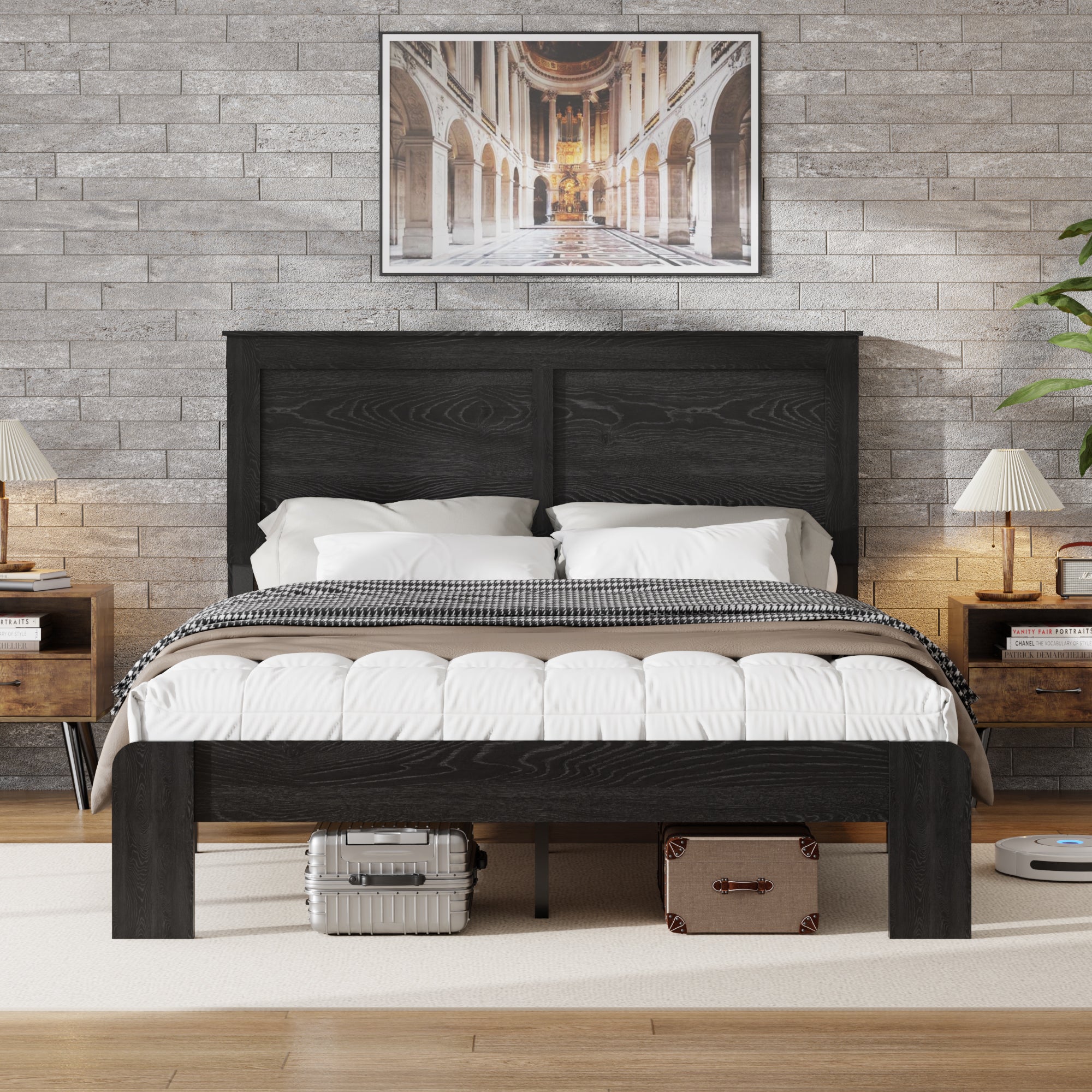 Front view of the black bed frame queen in a styled bedroom with nightstands, lamps and suitcases stored underneath