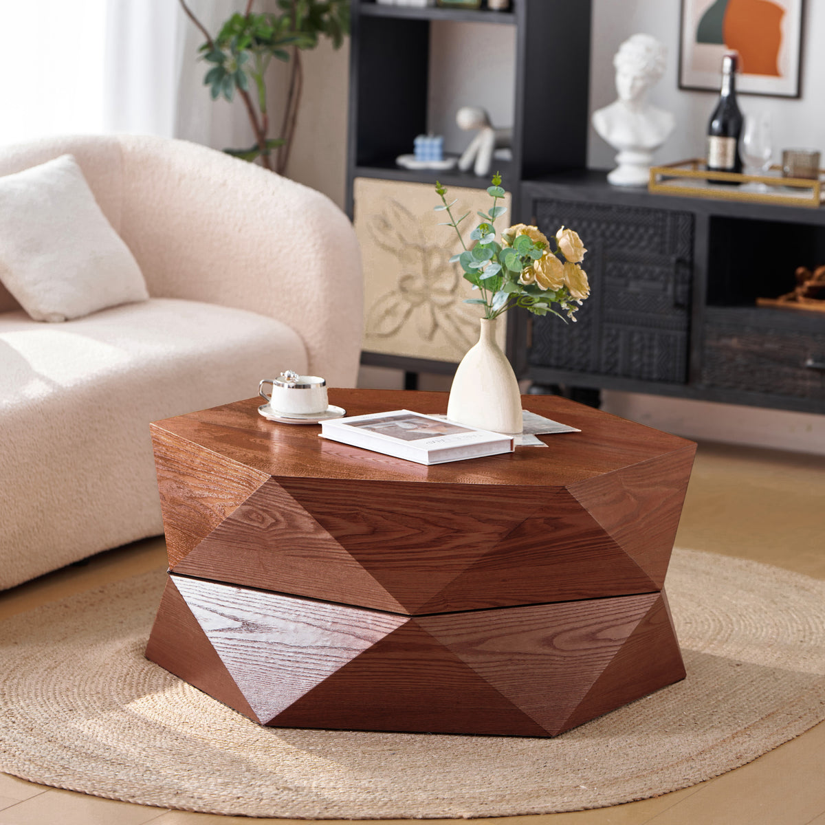 Brown Geometric Hexagon Coffee Table with Flip-Top Storage, 36.6 in