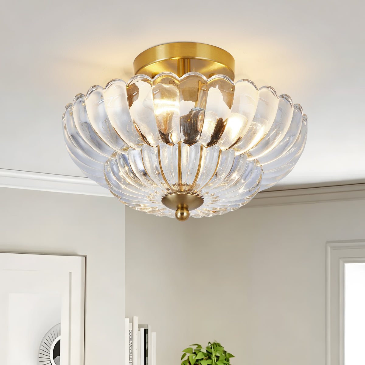 Semi-Flush Mount Light, 3-Light Flower Glass Shade, Gold and Clear