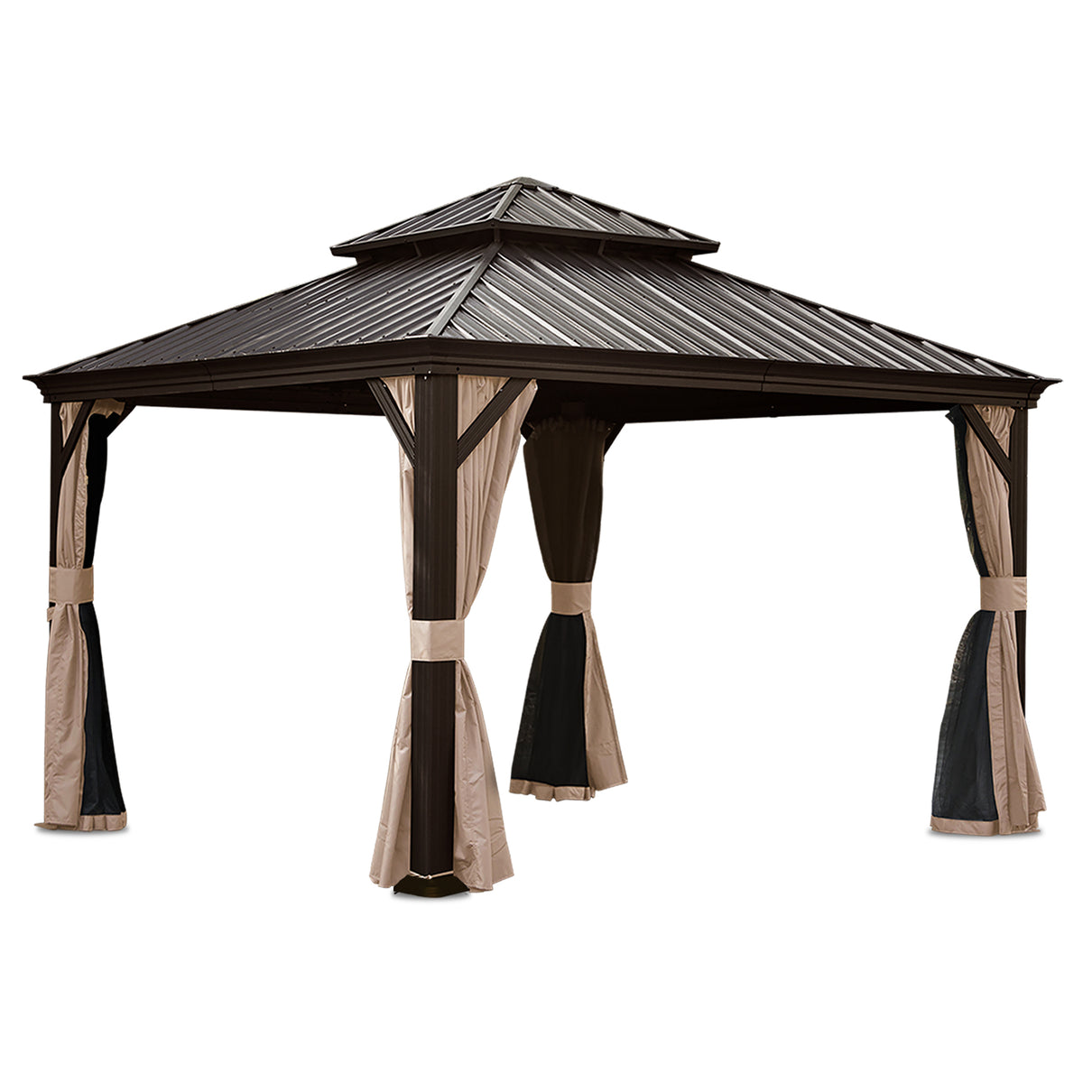 13x13 ft Brown Metal Double Roof Hardtop Gazebo with Netting and Curtains