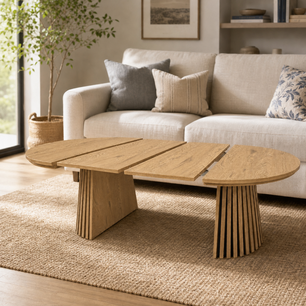 Natural Round-to-Oval Extendable Pedestal Coffee Table, 55 in