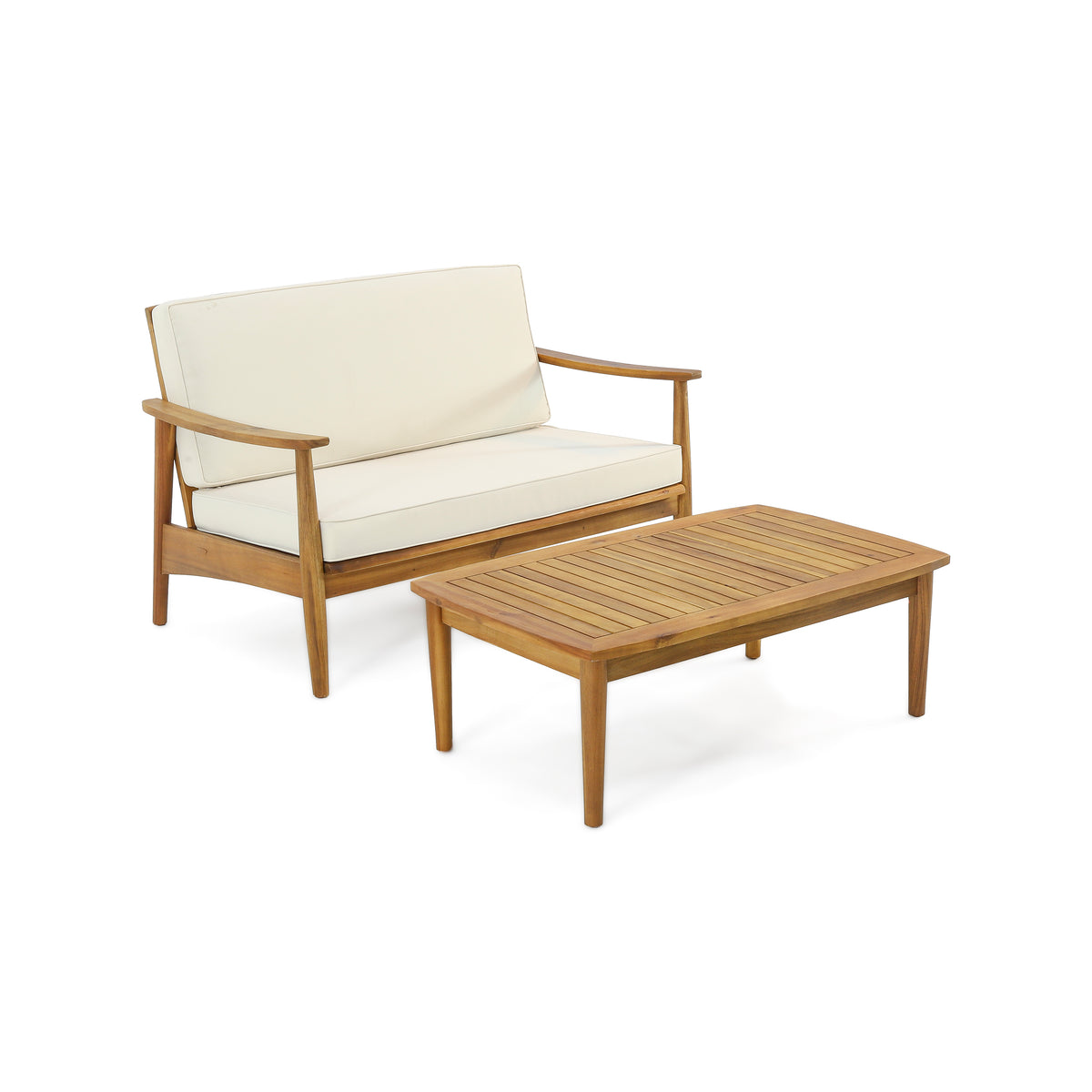 Teak Finish Solid Wood 2-Piece Outdoor Sofa Set, with Coffee Table