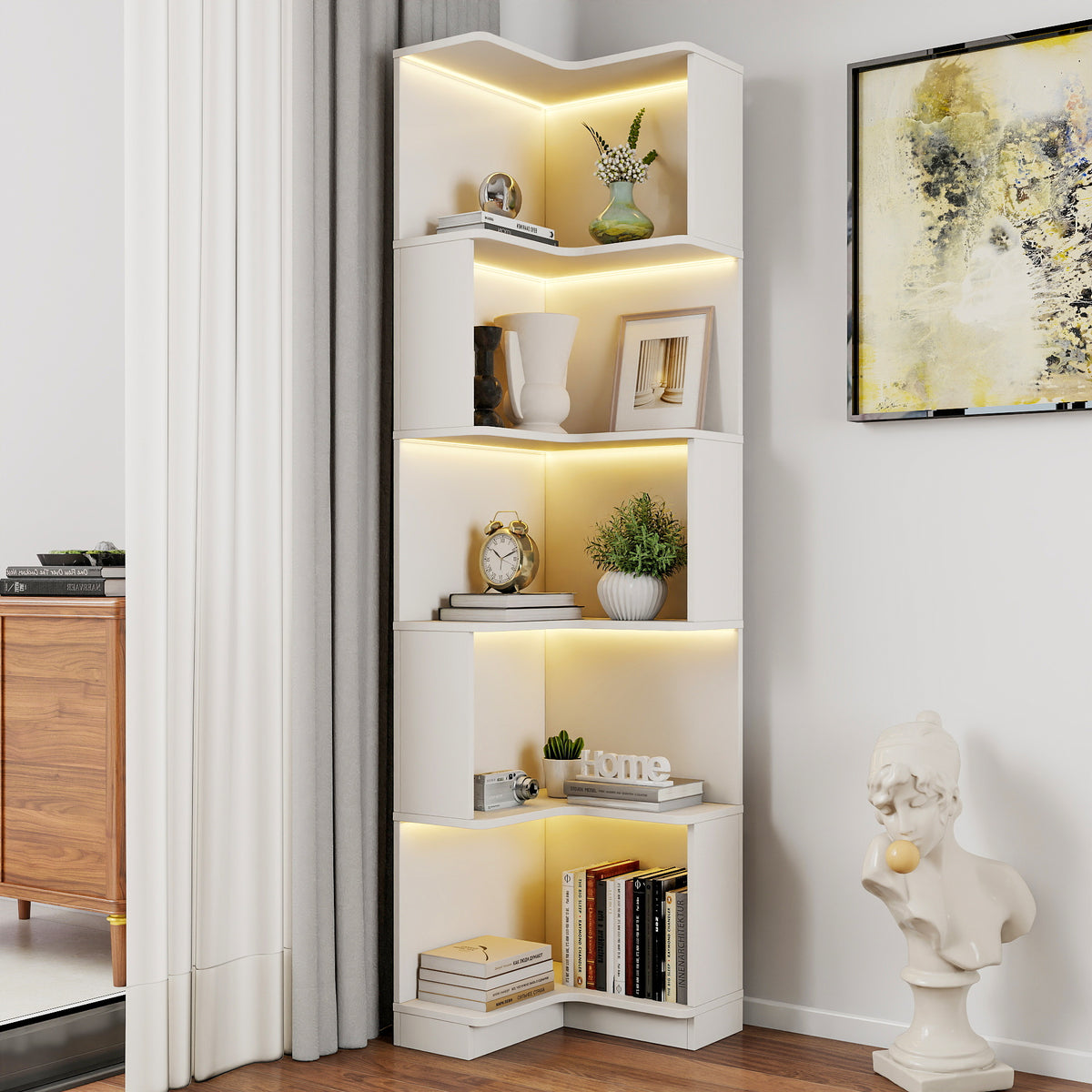 Bookcase, 5 Shelves, L-Shaped, 68.9 in Tall, White