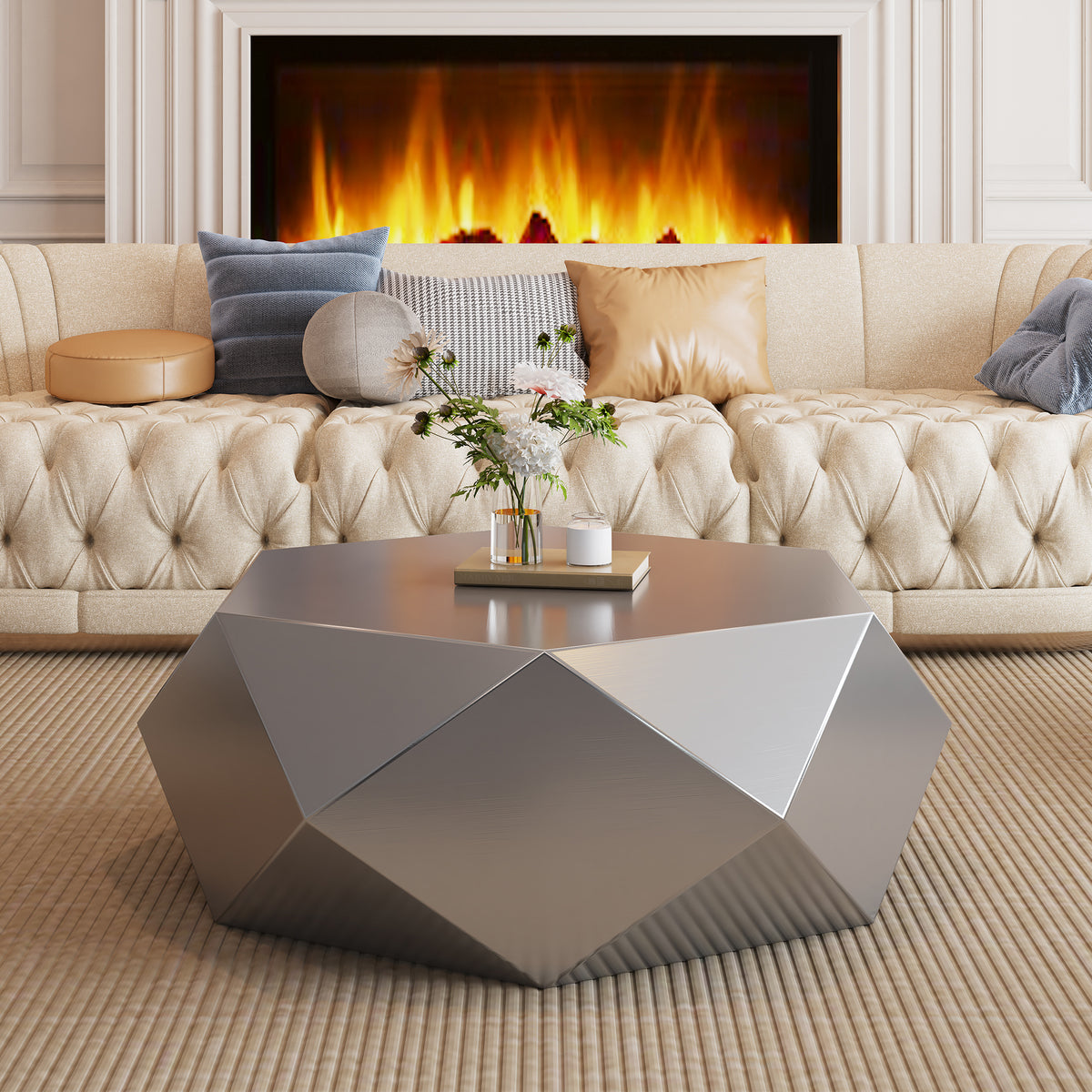 Silver Stainless Steel Faceted Geometric Coffee Table, 39.4 in