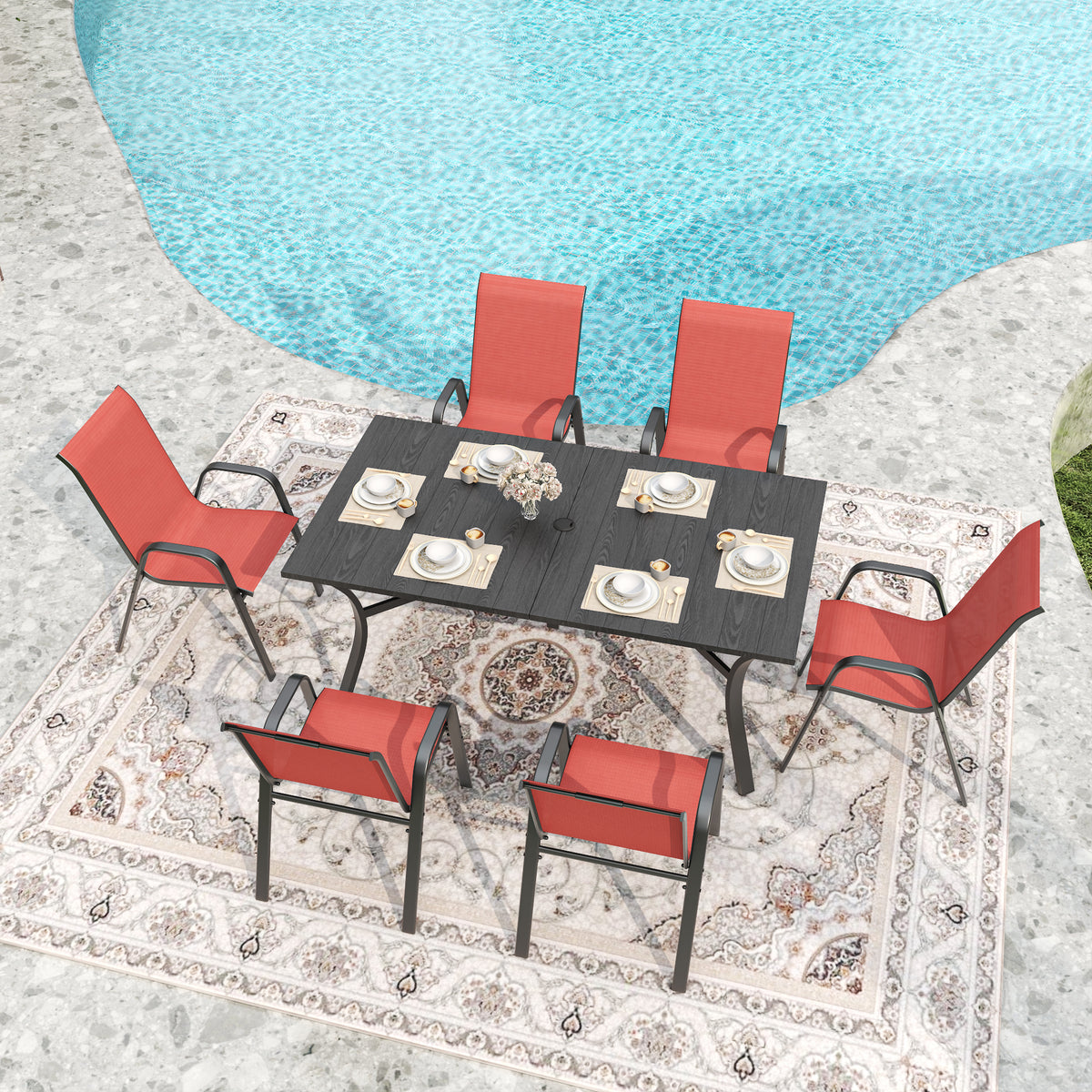 Metal Outdoor Dining Chair, Set of 6, Black and Red