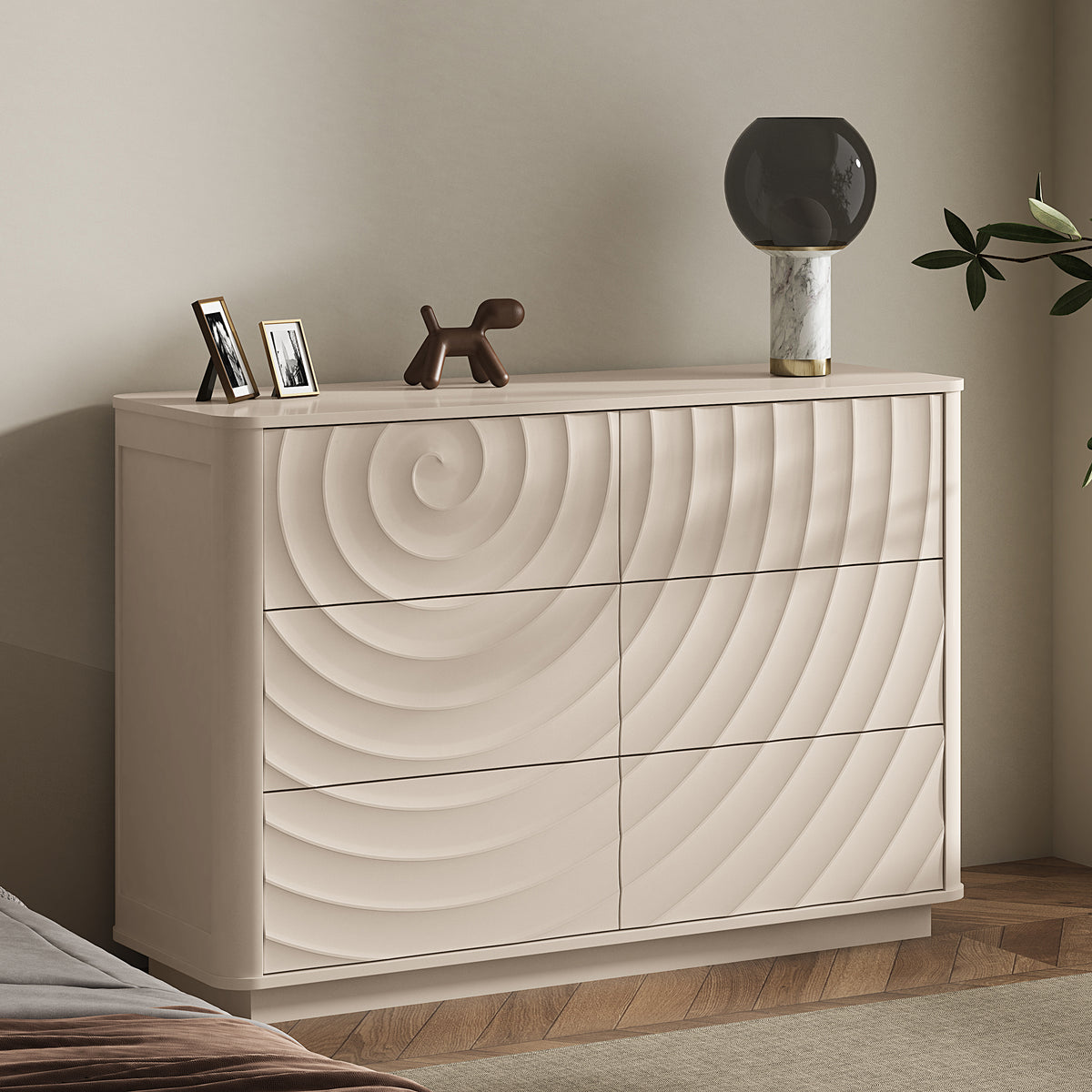 6 Drawer Dresser with Handle Free Ripple Front, Off White