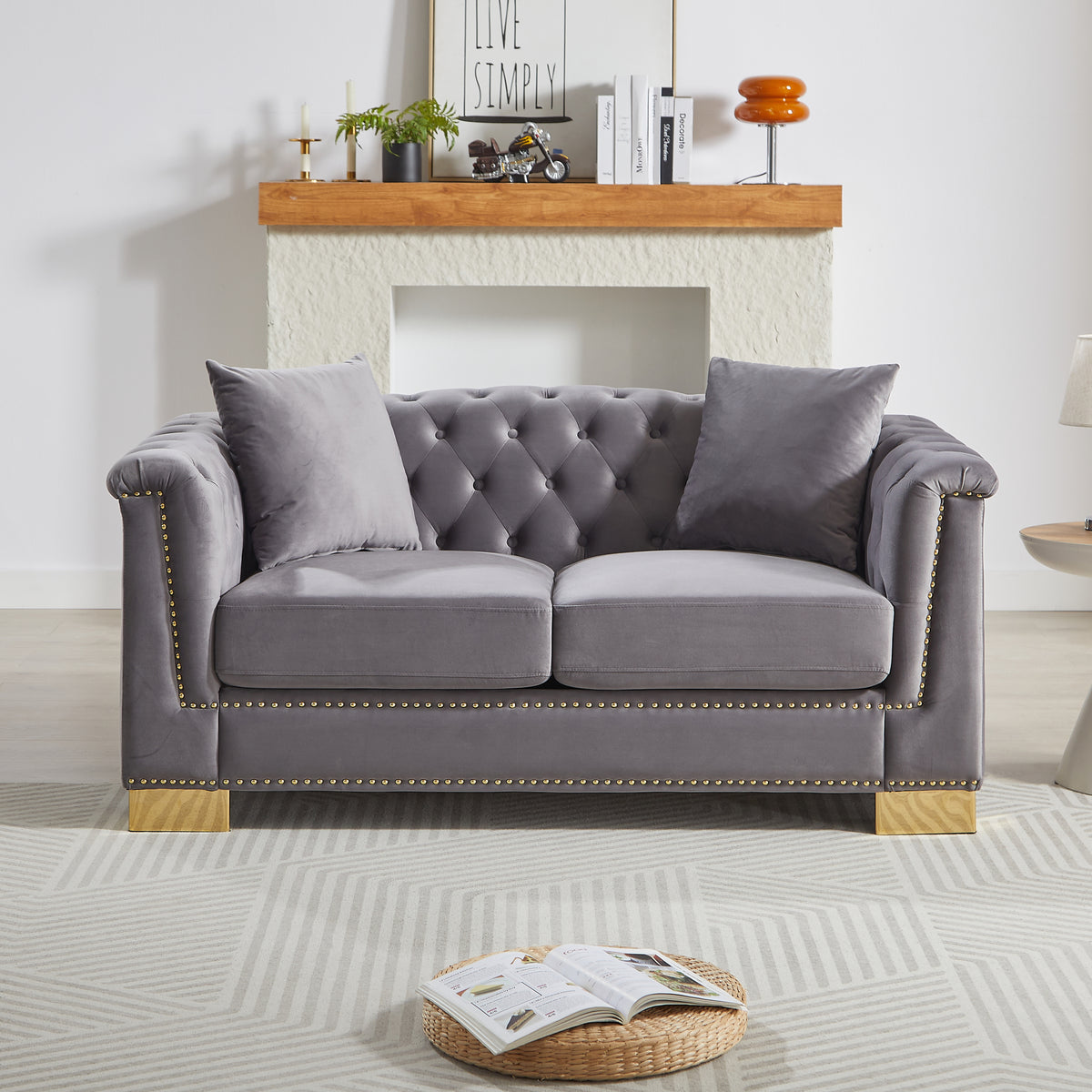 Gray Velvet 2-Seat Tufted Chesterfield Sofa, 62 in Wide