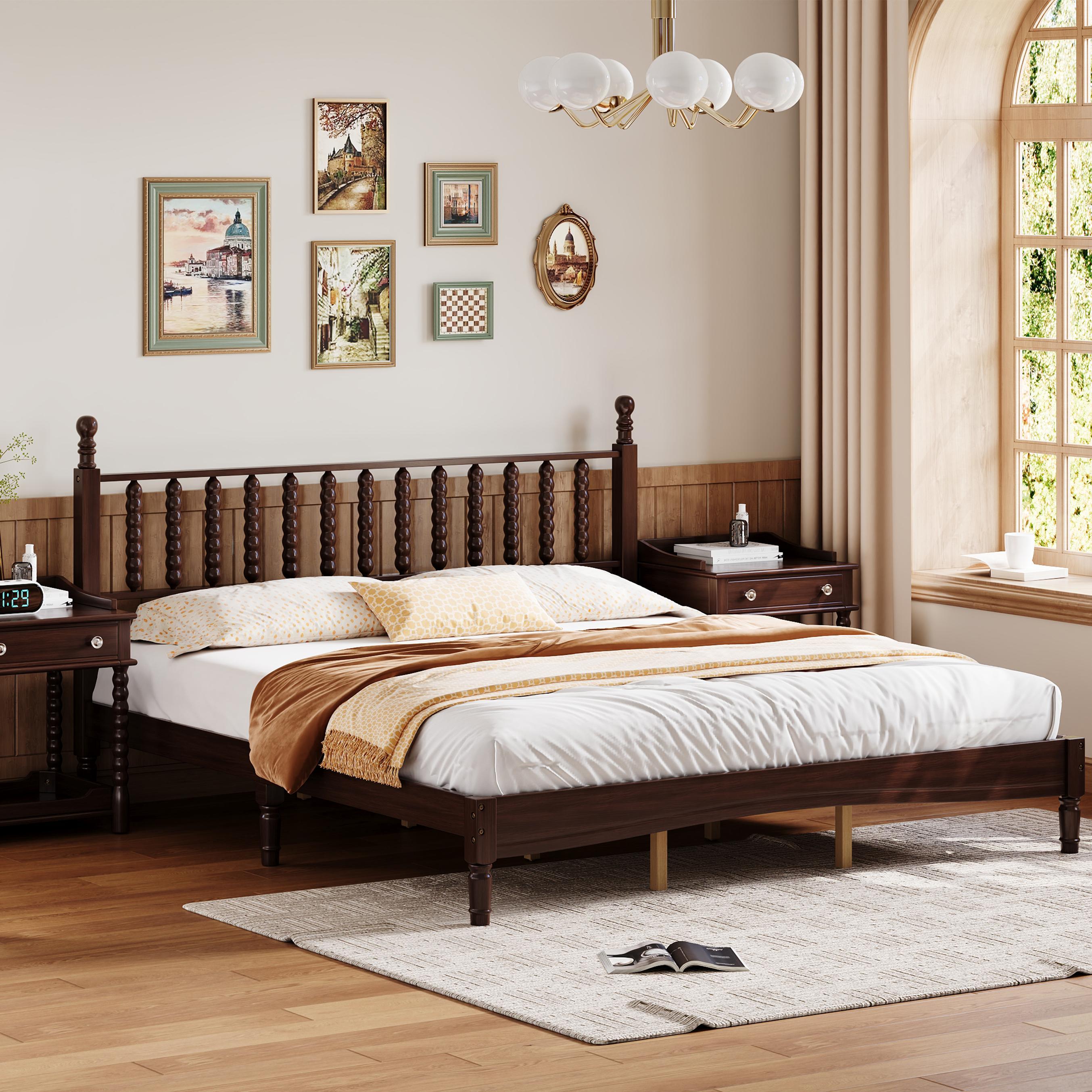 Walnut king bed frame styled with gold pendant light and arched window