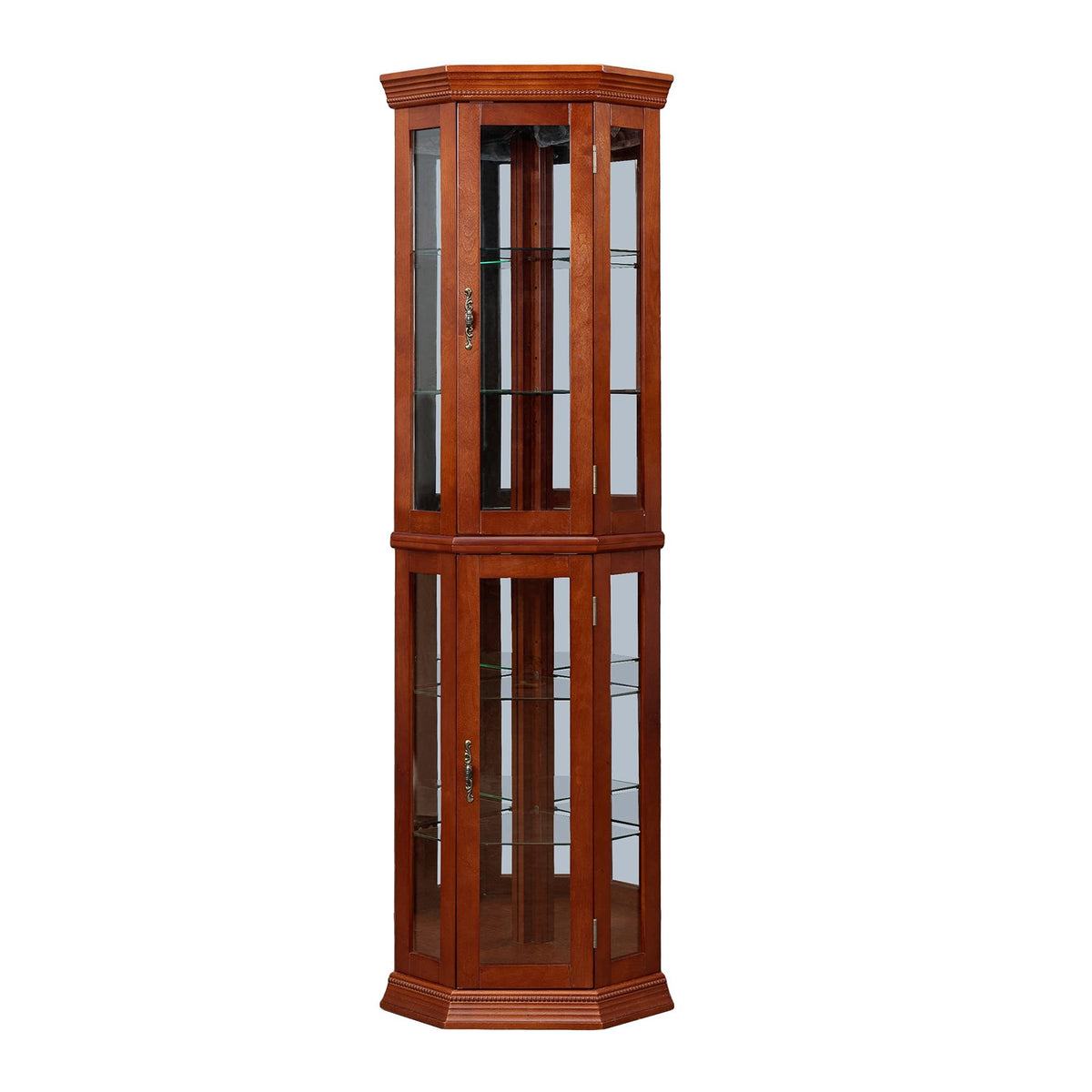 Lighted Corner Curio Cabinet, Light Walnut, Glass Doors & Mirror Back