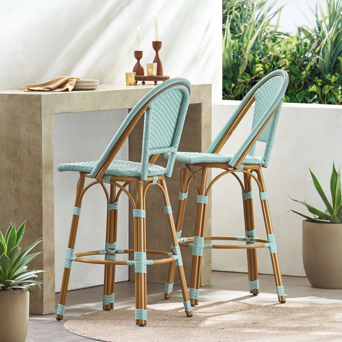 Teal Wicker Outdoor Bar Stool, Set of 2, 45.8 in Tall, 29.3 in Seat
