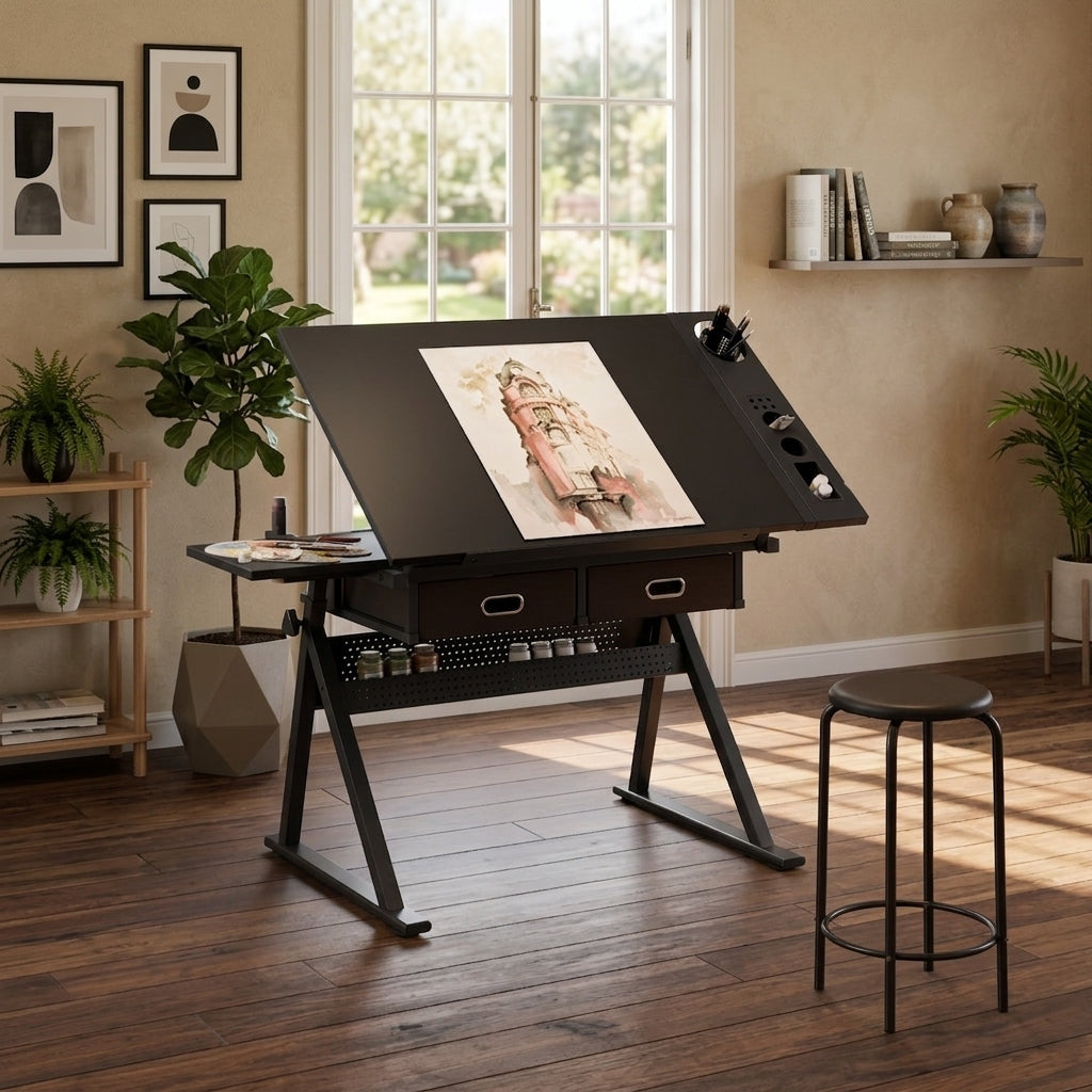 Drafting Table, 2 Drawers, Black