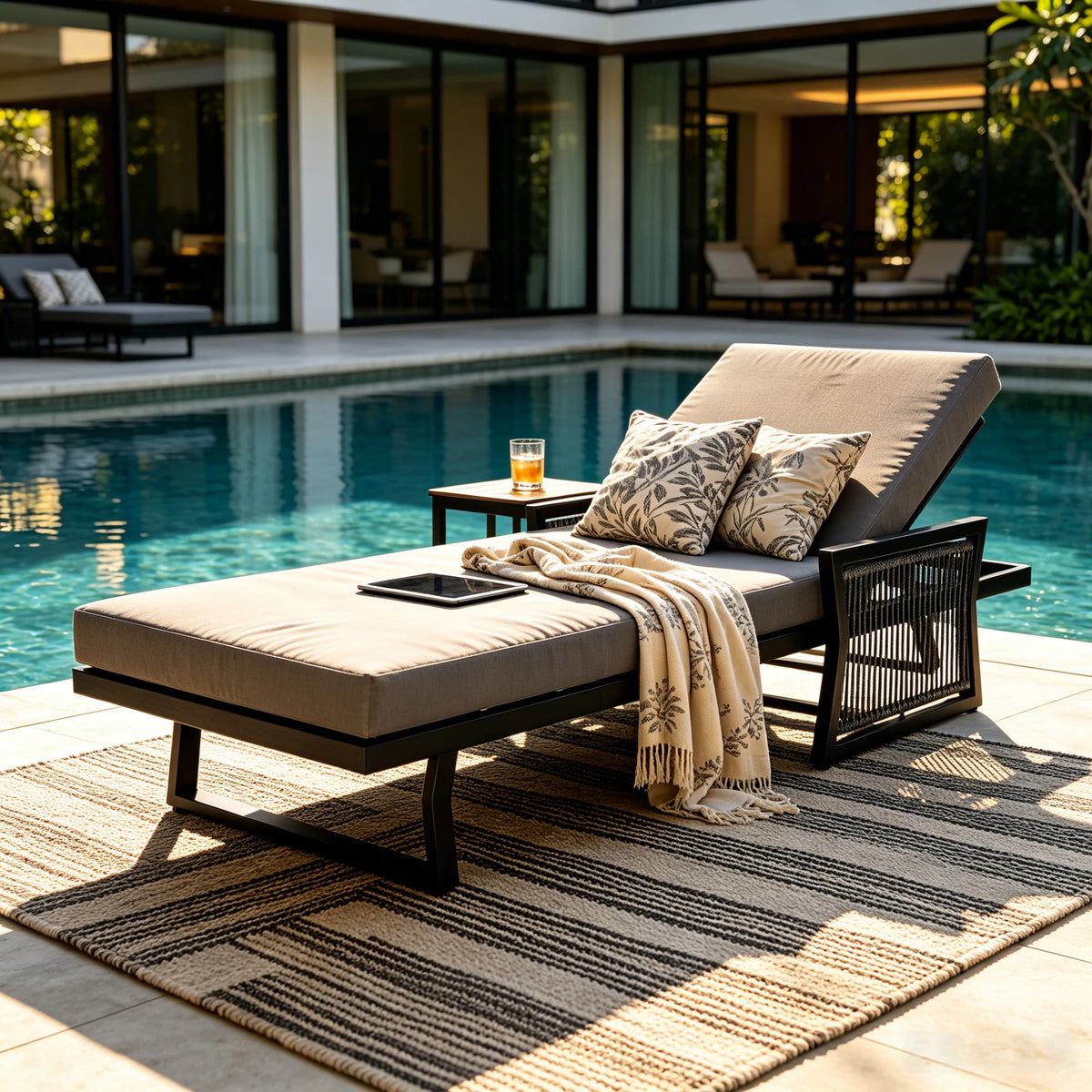 Black Adjustable Outdoor Chaise Lounge, Dark Gray Cushion