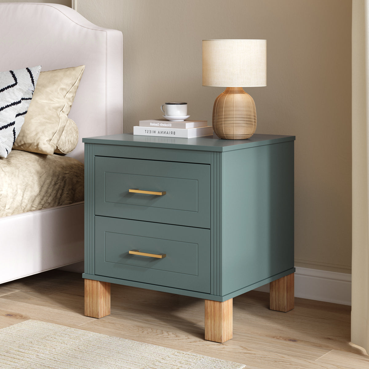 Blue Mid-Century 2-Drawer Nightstand with Fluted Trim and Wood Legs