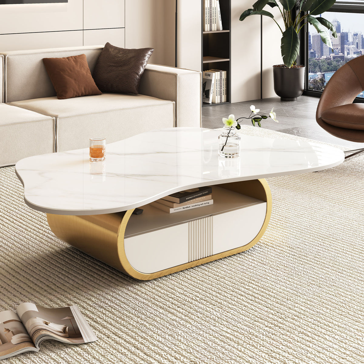 White and Gold Sintered Stone Curved Coffee Table with Storage, 41.7 in