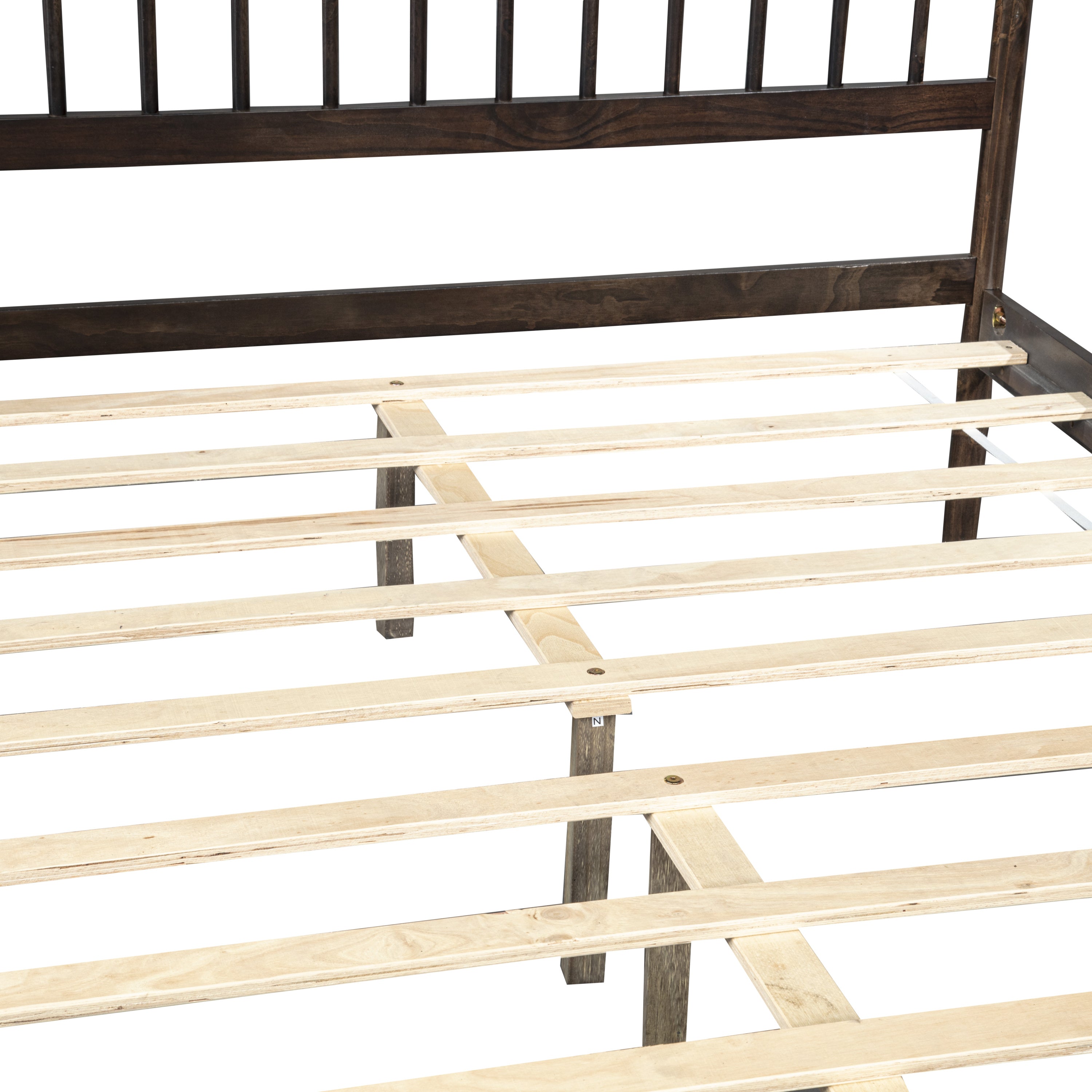 Detail of the headboard-to-rail connection on the brown queen frame with wood slats resting on the ledge #Color_Brown