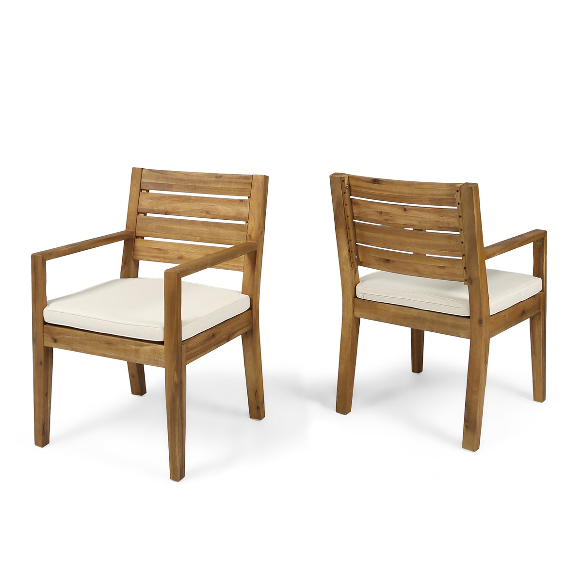 Natural Solid Wood Outdoor Dining Chair with Beige Cushions, Set of 2
