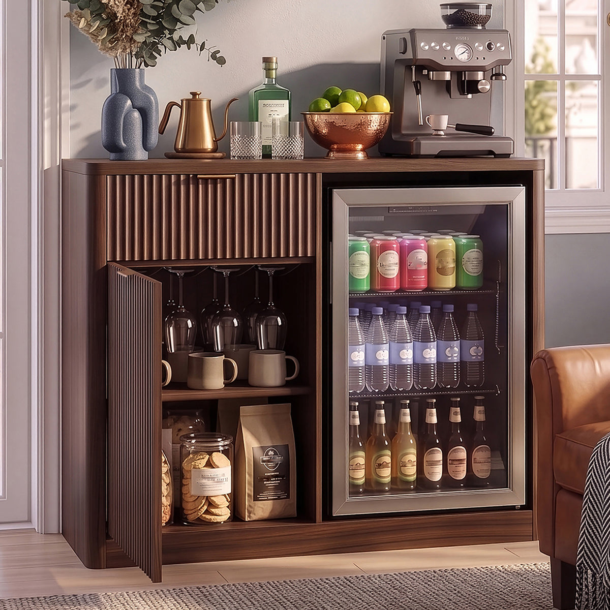 Fluted Bar Cabinet with Mini Fridge Space, 39 in, Walnut