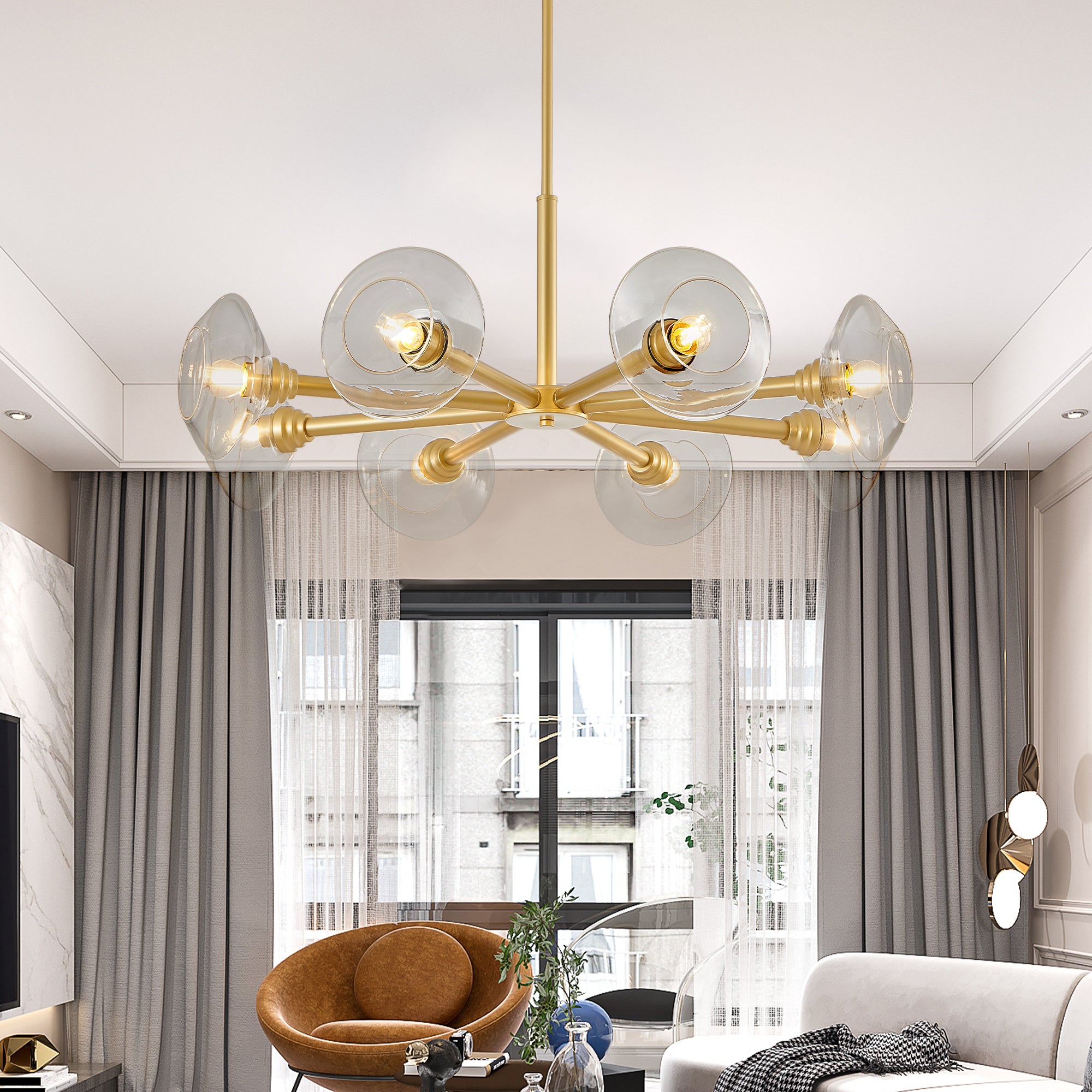Gold Mid-Century 8-Light Chandelier, 36 in, Glass Shade
