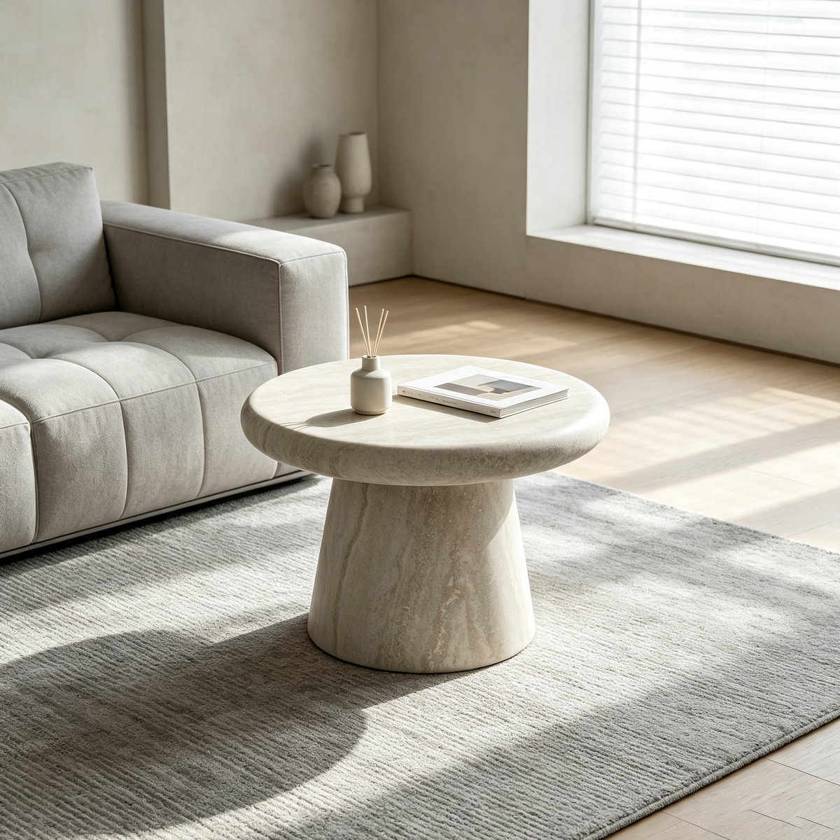 Cream Fiberglass Travertine-Look Round Pedestal Coffee Table, 21.7 in