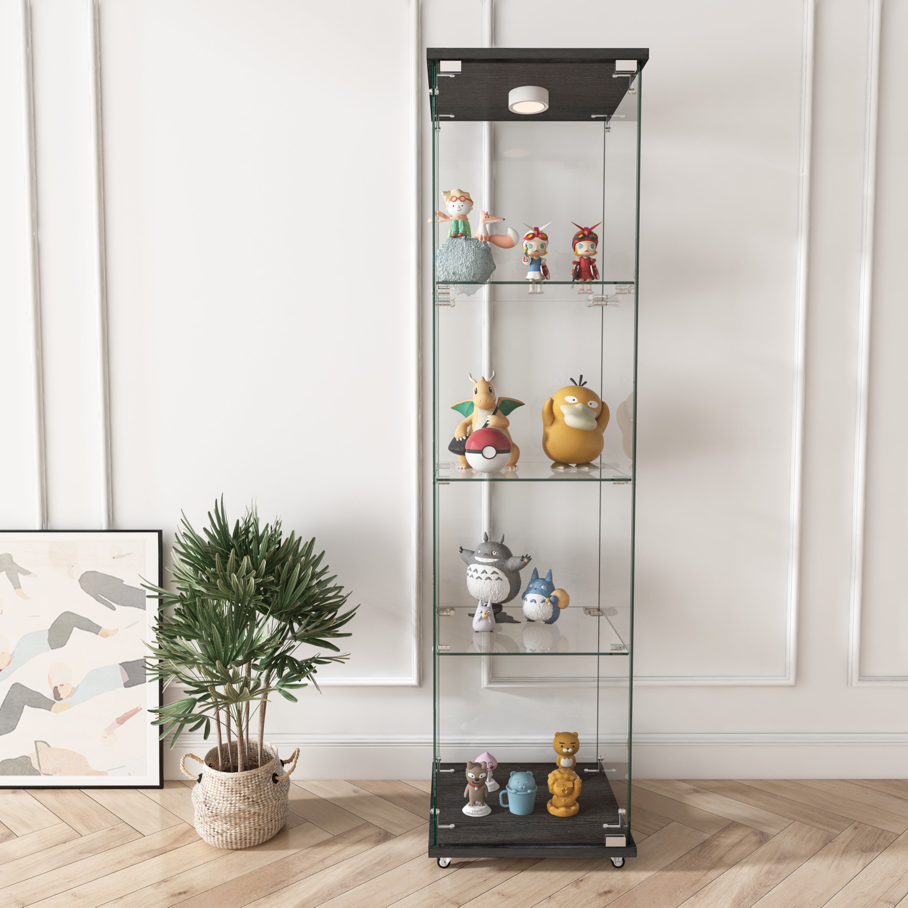Modern Glass Bookcase, 1 Door, LED Lighting, 64.5 in Tall, Transparent