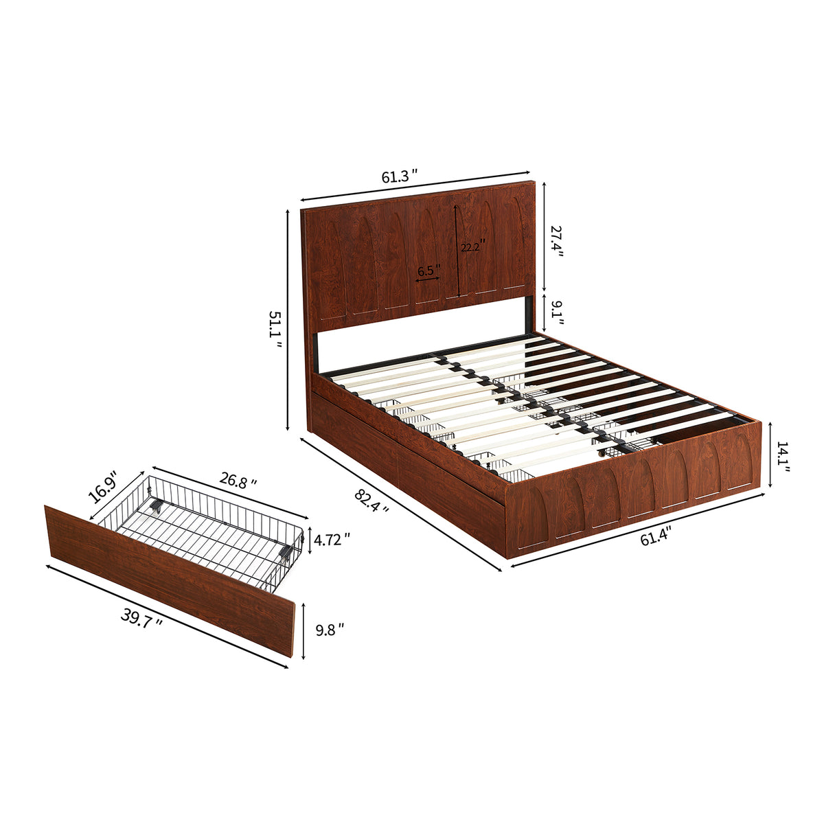 Dimensions diagram of dark reddish-brown wood queen bed and pull-out storage drawer, on white