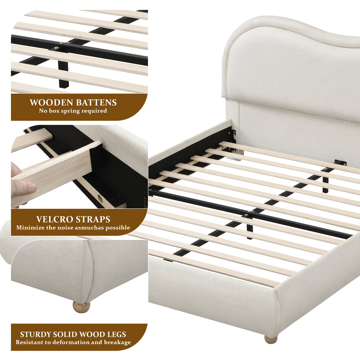 Construction details of the beige chenille bed showing wood slats, straps and round wood legs