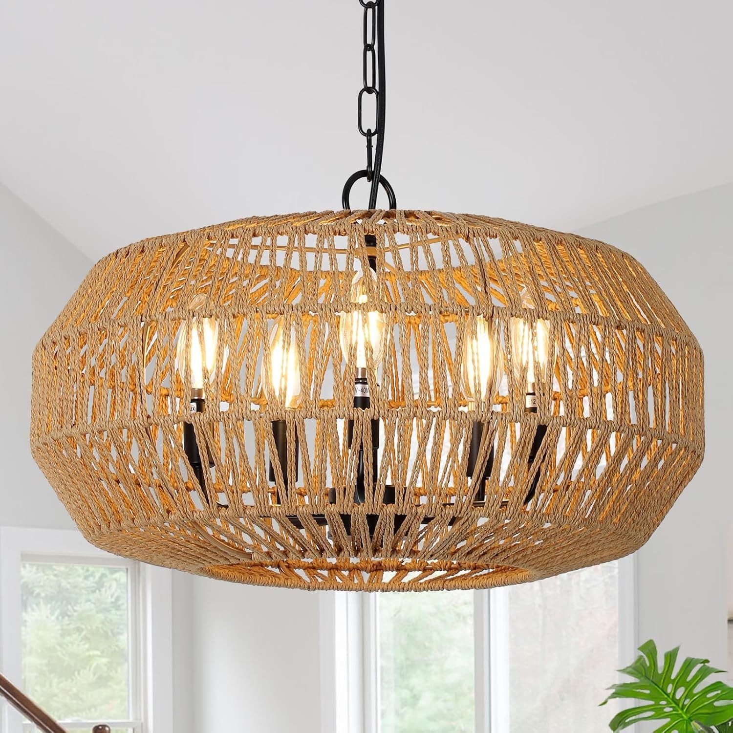 Brown Farmhouse 5-Light Pendant Light, 16 in, Rattan and Metal