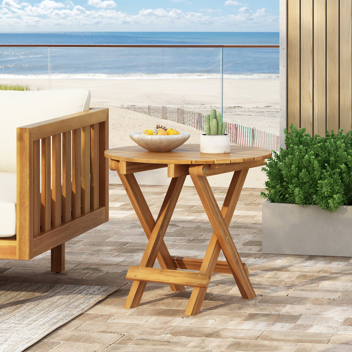 Teak Finish Folding Outdoor Side Table