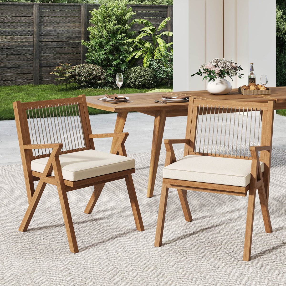Teak Finish Solid Wood Outdoor Dining Chair, Set of 2, 33.5 in Tall