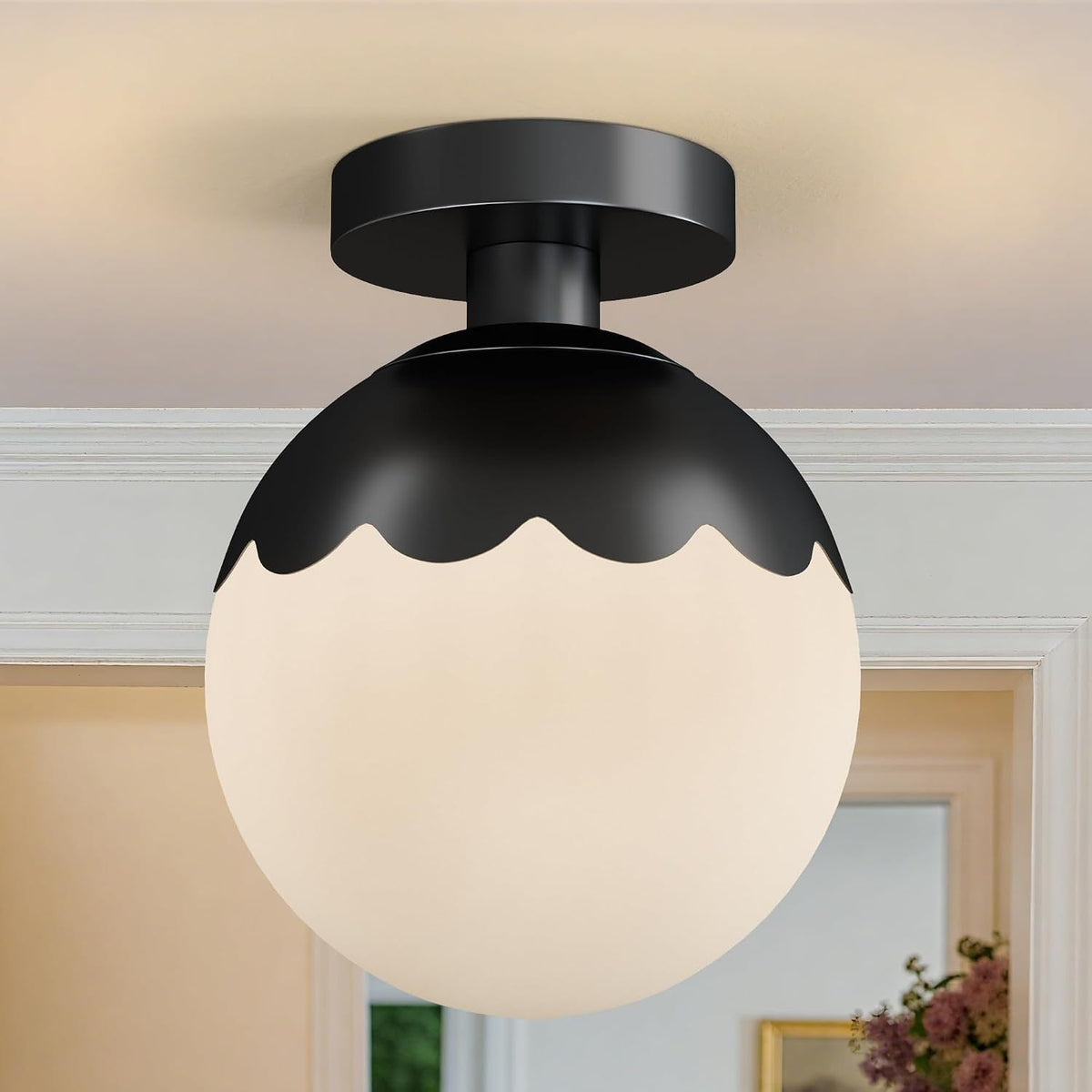 Semi-Flush Mount Ceiling Light, Modern Glass Shade, Black
