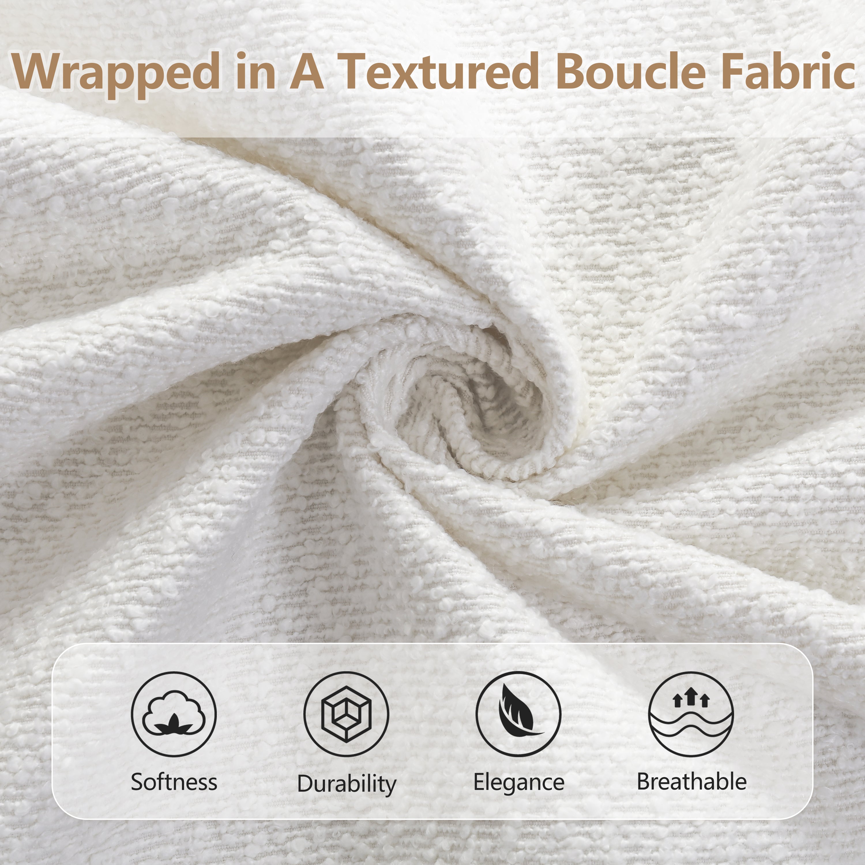 Close-up of beige bouclé fabric texture on king platform bed