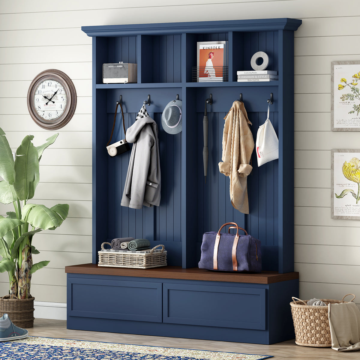 Blue Hall Tree with Bench, 55.9 in Wide