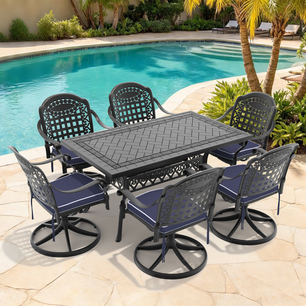Black Aluminum 7-Piece Patio Dining Set for 6 with Cushions