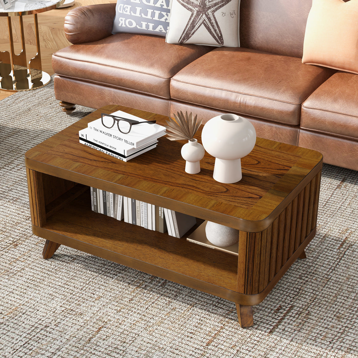 Walnut Mid-Century Fluted Coffee Table with Storage Shelf, 41.5 in