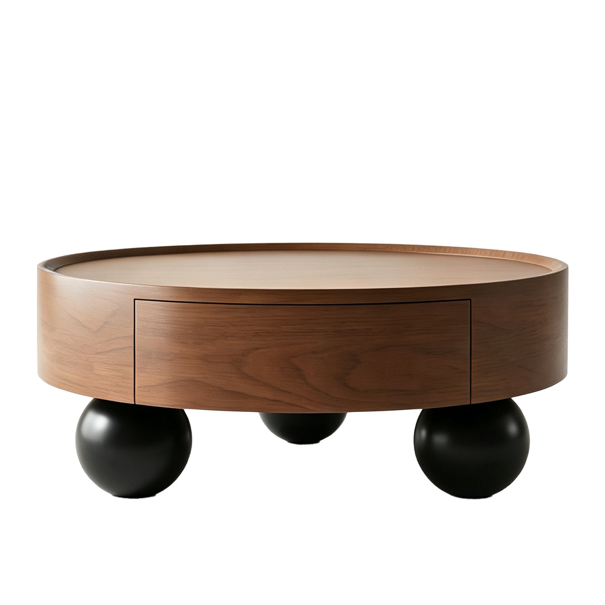 Walnut and Black Round Ball-Foot Coffee Table with Drawer, 35.4 in