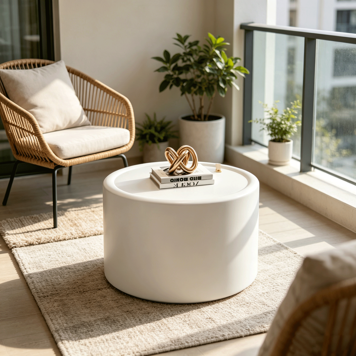 Cream Faux Leather Round Drum Coffee Table with Storage, 27.6 in