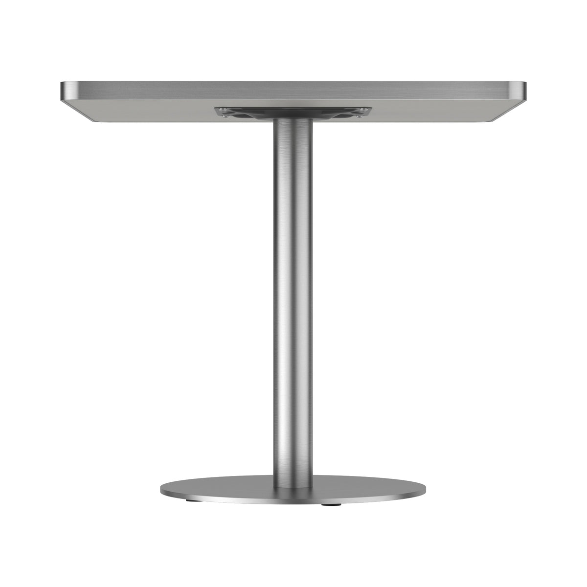Side view of square dining table showing silver column and underside mounting bracket
