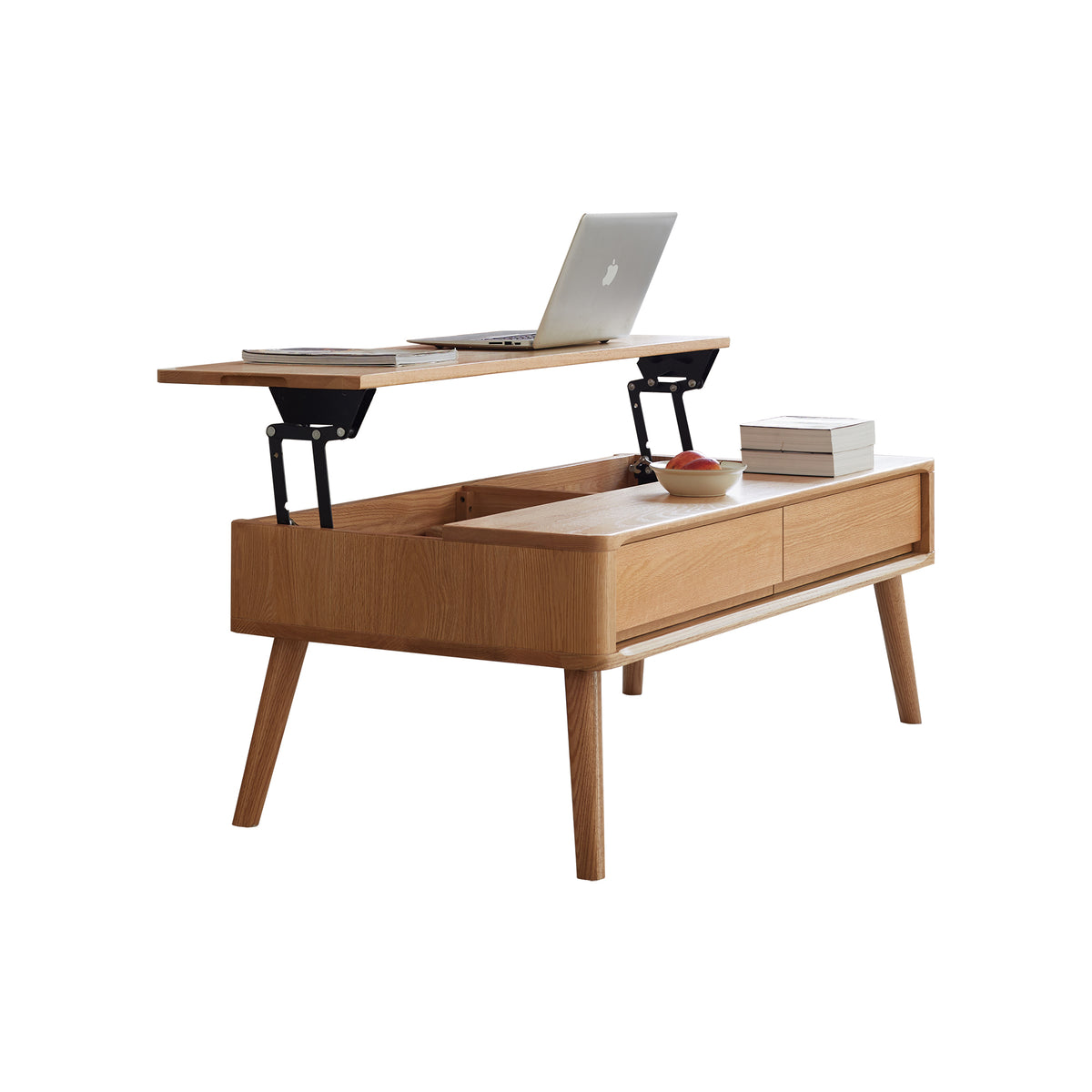Natural Solid Oak Mid-Century Lift-Top Coffee Table with Drawers, 39.4 in