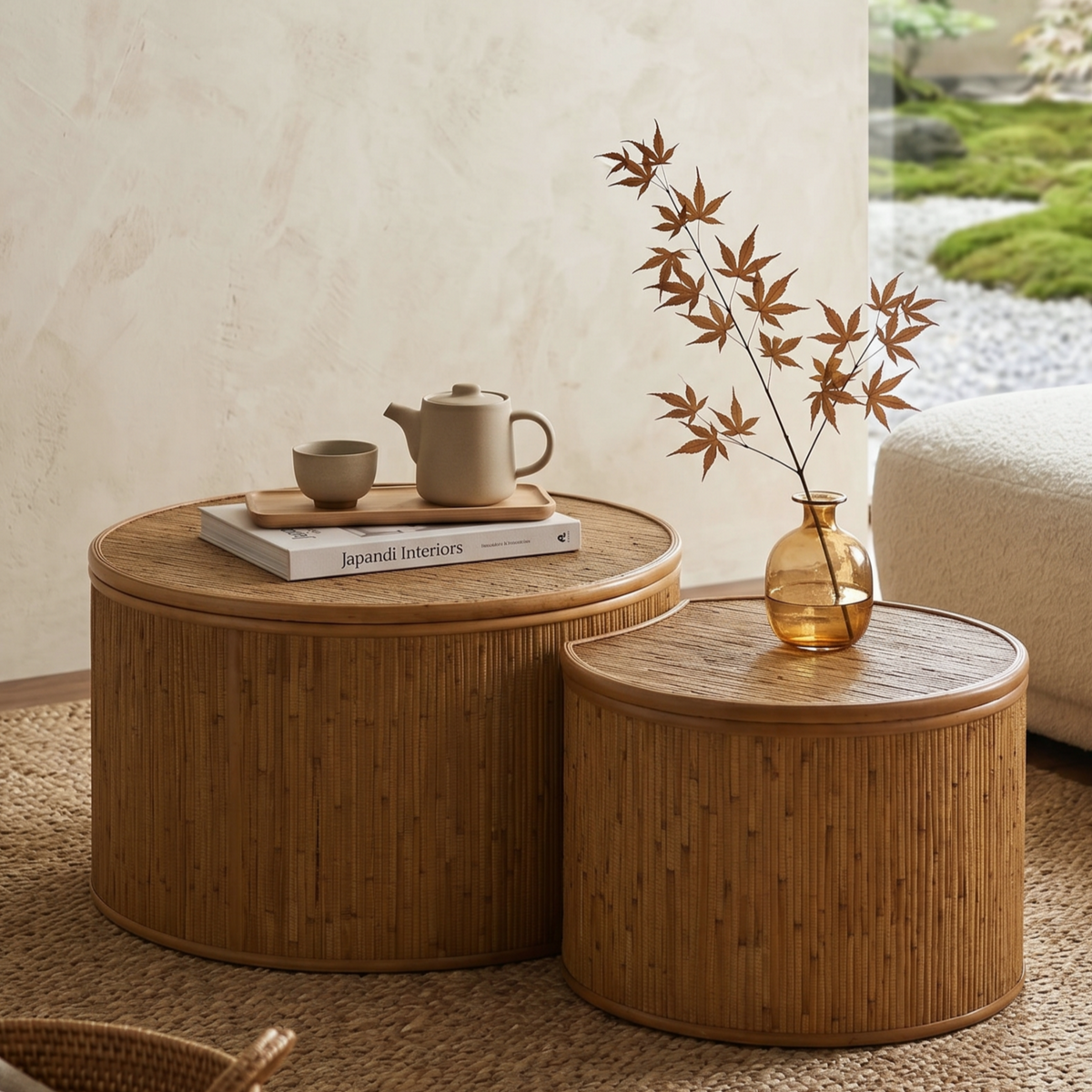 Natural Rattan Round Nesting Coffee Table Set with Storage, 43.9 in