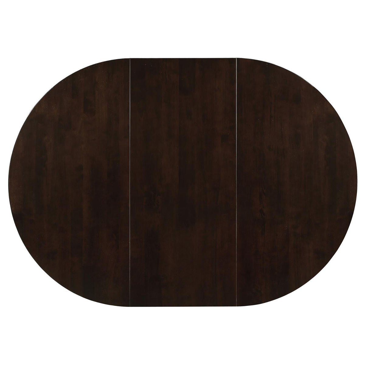 Overhead top-down view of the oval extendable dining table top on white