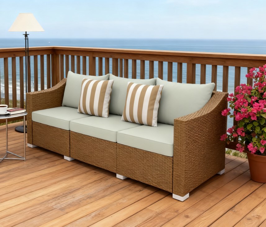 Wicker Outdoor Sofa with Cushions, 79.1 in Wide, Light Gray and Natural