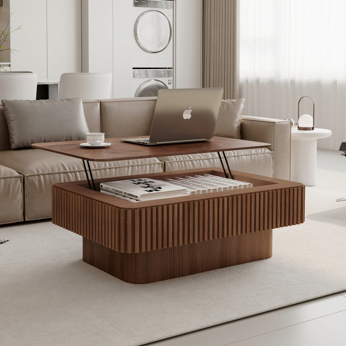 Walnut Fluted Rectangular Lift-Top Coffee Table with Storage, 38.6 in