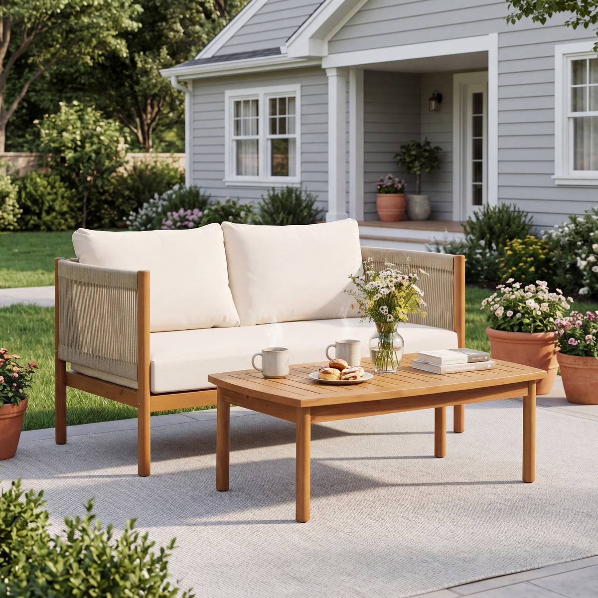 Teak Finish Solid Wood Outdoor Sofa Set, Cream Cushion