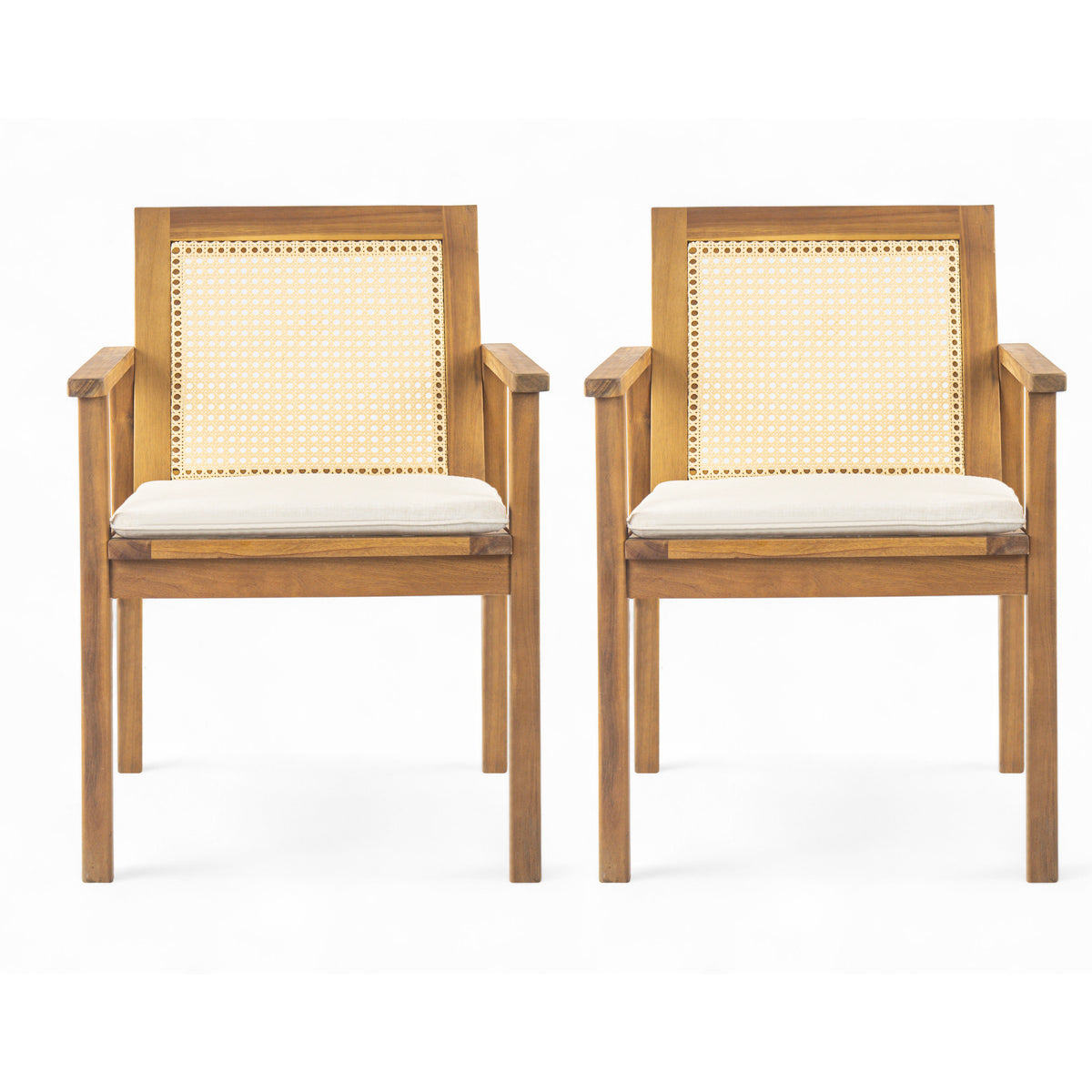 Teak Finish Solid Wood Outdoor Dining Chair with Cushions, Set of 2