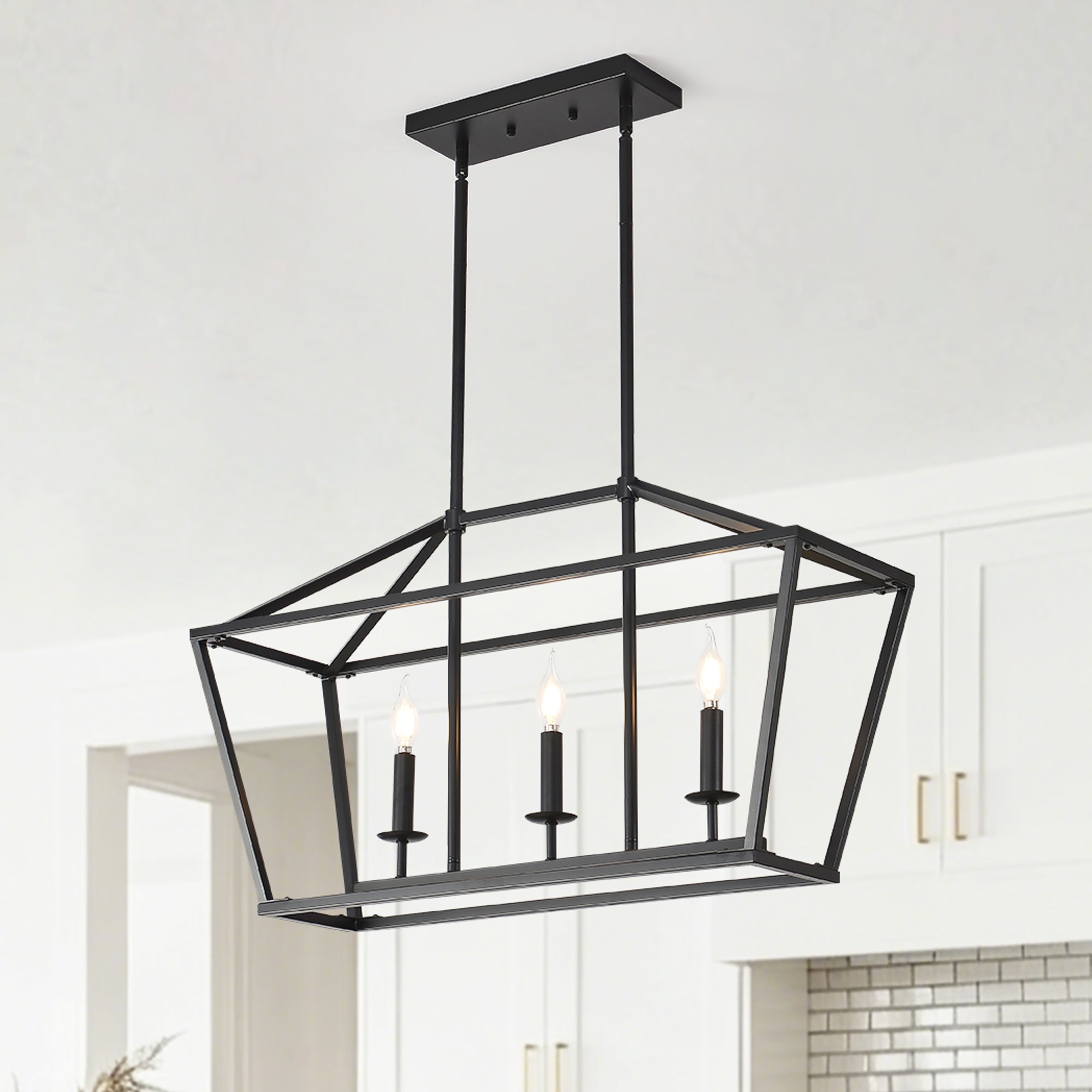 Matt Black Linear 3-Light Chandelier, 32 in