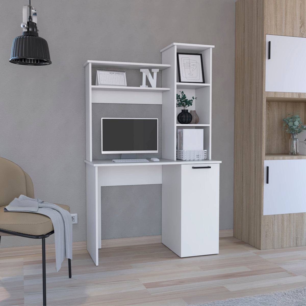 Computer Desk with Hutch, 3 Shelves, 38.7 in, White, 17.7 in Deep
