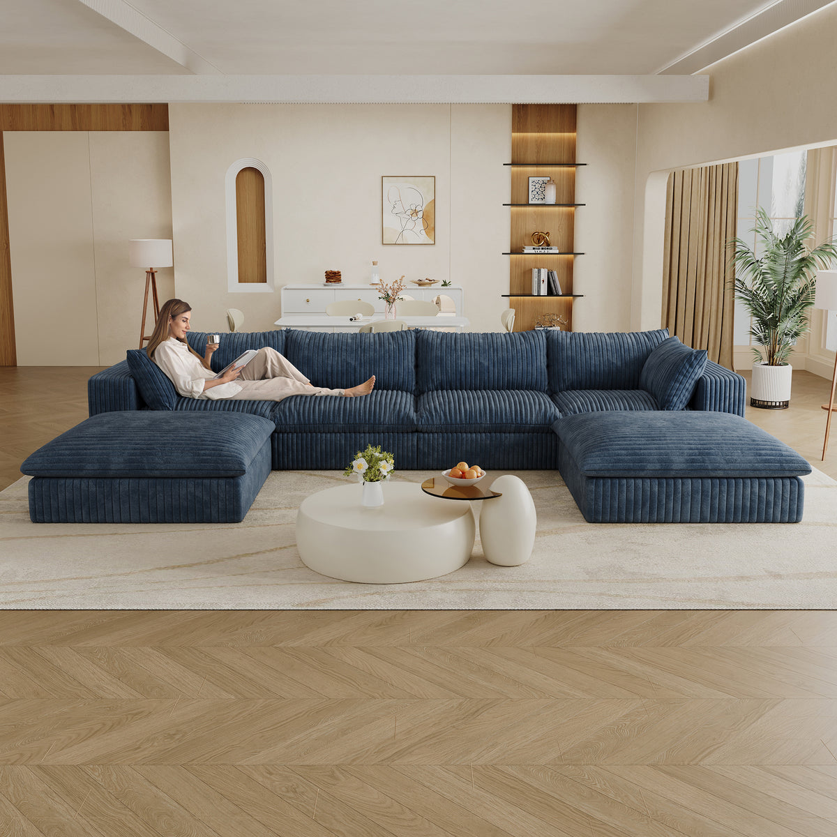Blue Corduroy Modular 4-Seat Couch with 2 Ottomans, 157.6 in Wide