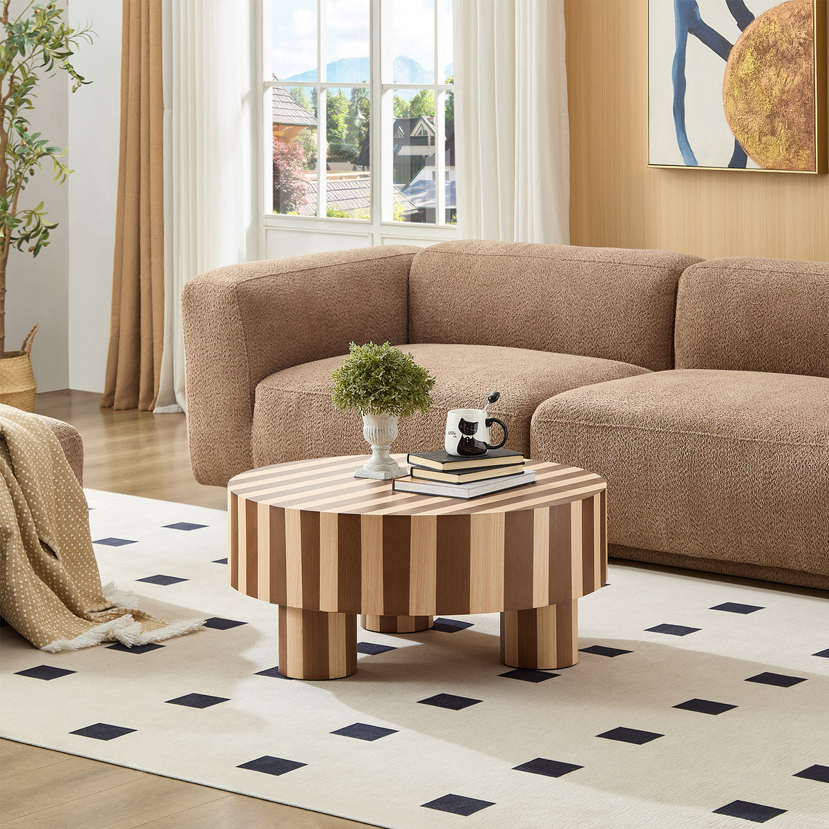 Natural and Walnut Striped Round Coffee Table, 31.5 in