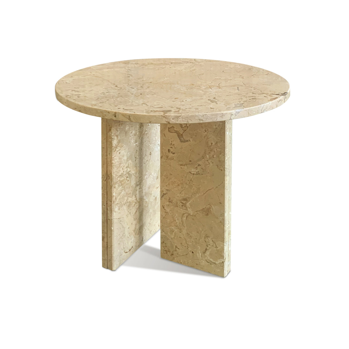 Beige Natural Marble Cross-Base Round Side Table, 17.7 in