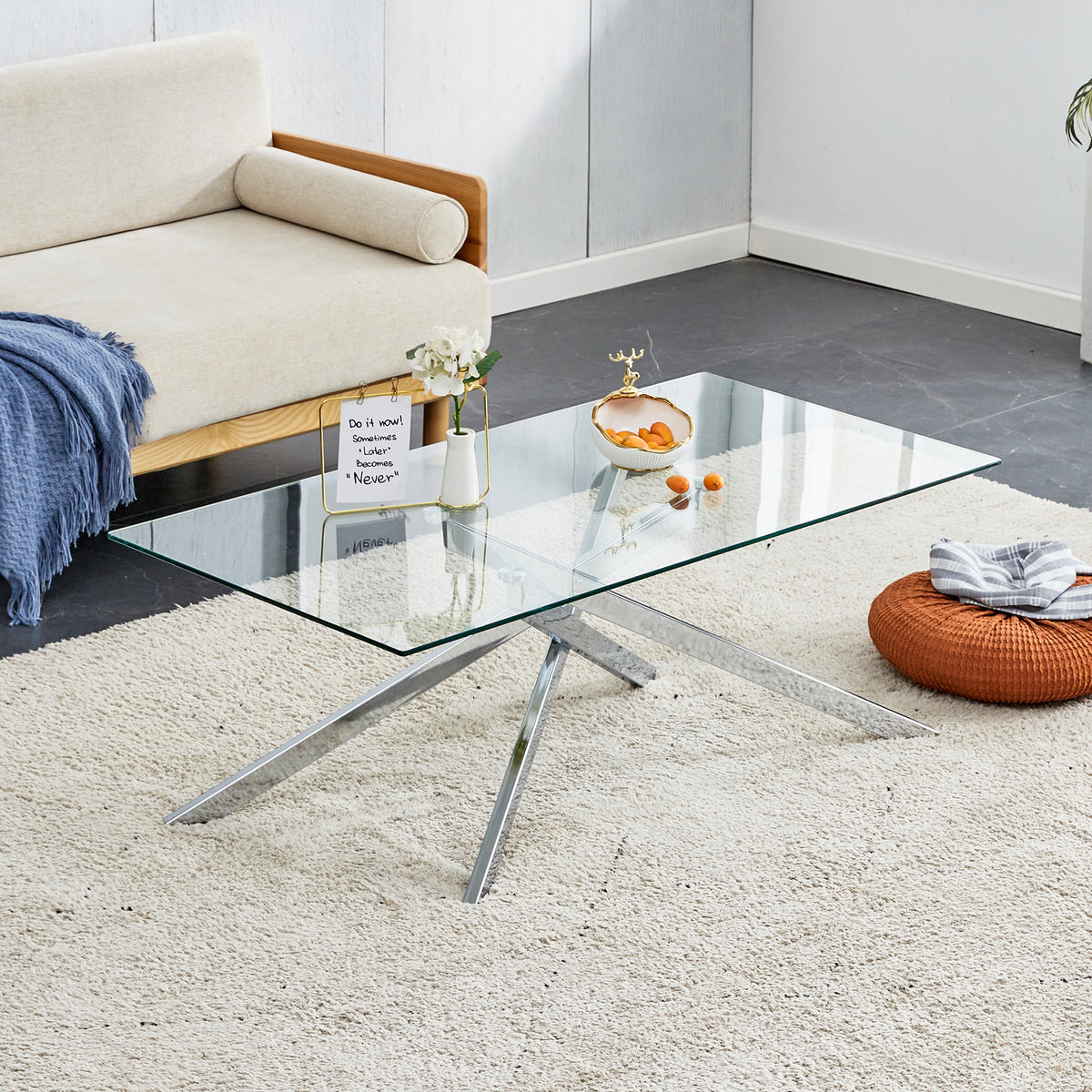 Silver Glass-Top Rectangular Coffee Table with X-Base, 39.4 in